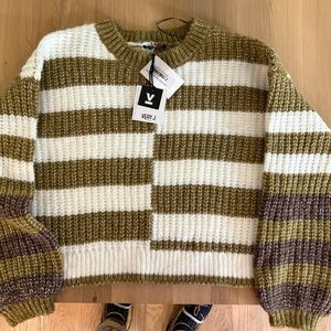 Very J Olive and Cream Striped Knit Sweater